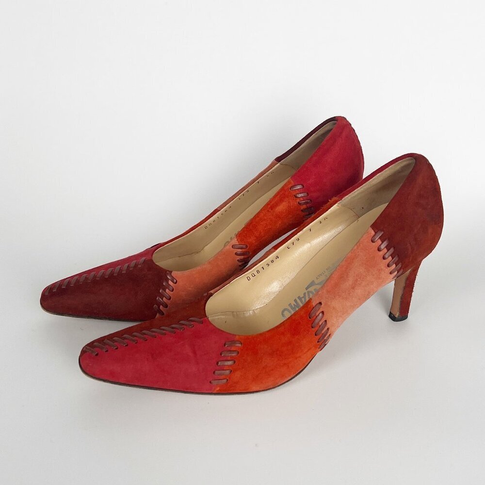 Salvatore Ferragamo Suede Leather High Heel Pumps Quilted Patchwork Colour Block